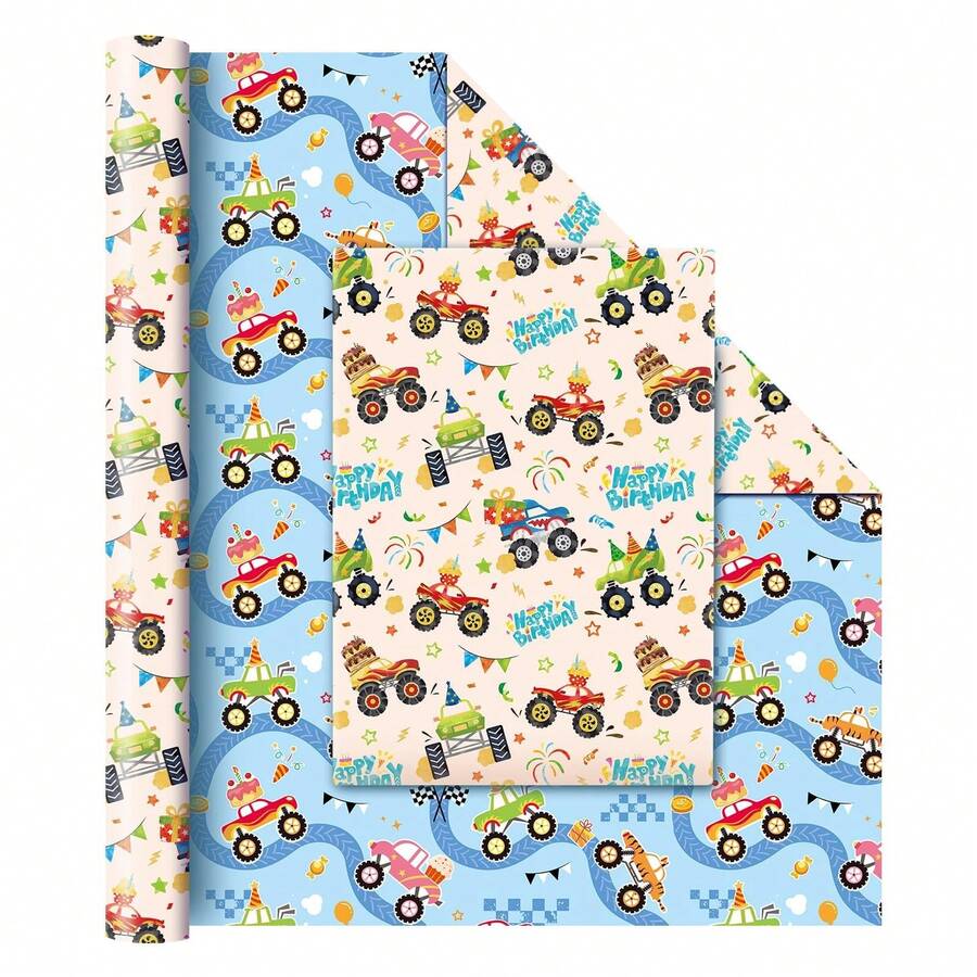5/10张怪兽卡车礼品包装纸，28.5*42厘米，婴儿派对包装纸，怪兽卡车包装纸，蓝色男孩包装纸，儿童生日派对装饰用品，婴儿派对礼品包装纸，双面可用 - 彩色 - 查看 1