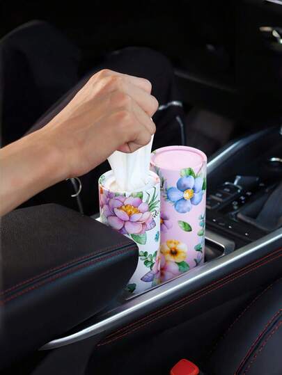 2pcs/4pcs Floral Pattern Car Tissue Box - Round Cup Holder Tissue Box With 200pcs 3-Ply Tissues, Suitable For Car Cup Holder And Home Desk, Pink And White Floral Pattern Suitable For Ladies, Children And Family Travel
