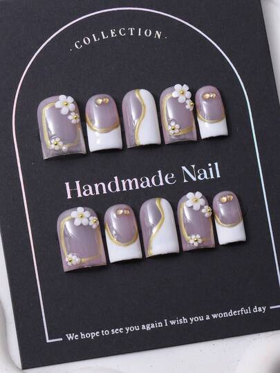 10片/套，欧式手工短款方形美甲贴片，Y2K白色，法式风格，3D立体花卉镶嵌，手绘线条设计，美甲装饰。包含1片果冻胶和1把指甲锉。适合日常佩戴，也适合科切拉音乐节等场合的造型，是美甲贴片和美甲护理的理想之选。