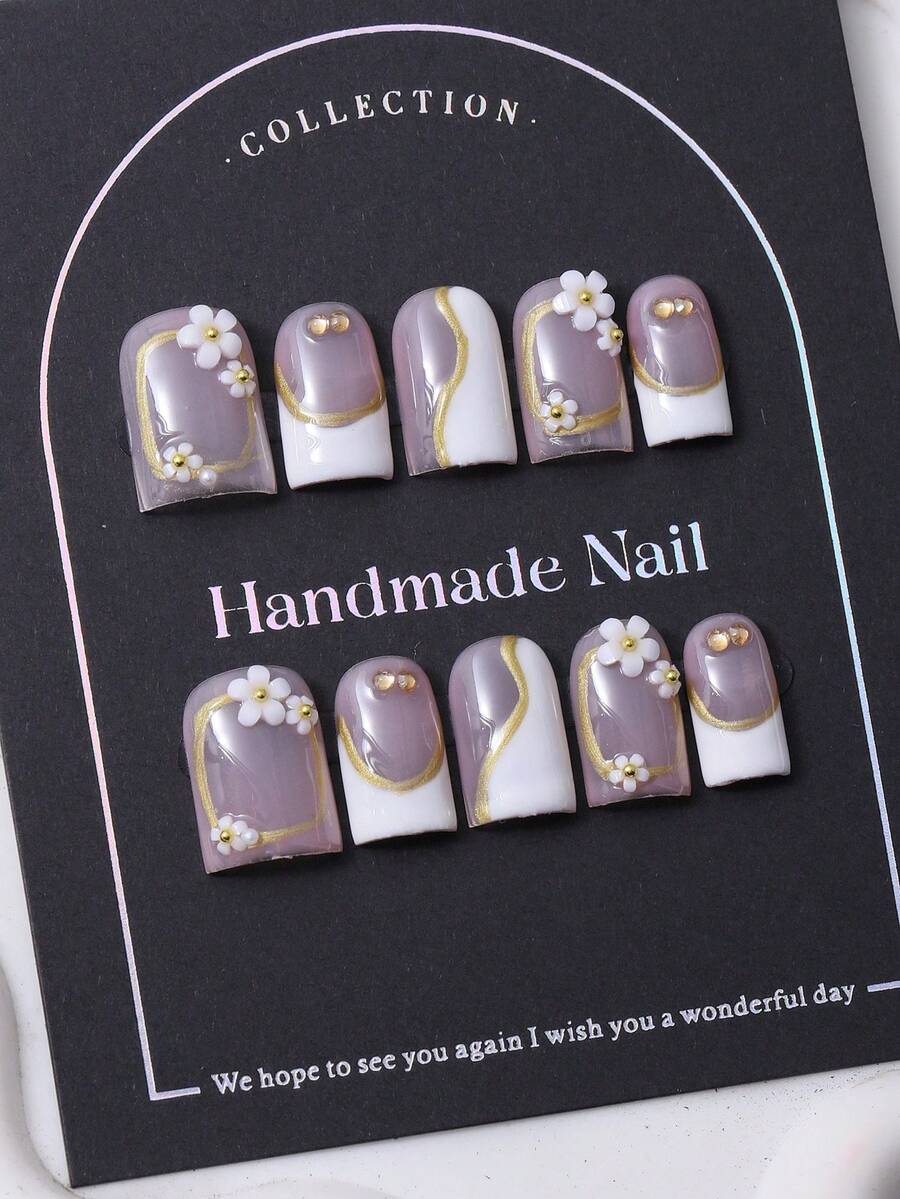 10片/套，欧式手工短款方形美甲贴片，Y2K白色，法式风格，3D立体花卉镶嵌，手绘线条设计，美甲装饰。包含1片果冻胶和1把指甲锉。适合日常佩戴，也适合科切拉音乐节等场合的造型，是美甲贴片和美甲护理的理想之选。 - 白色 - 查看 1