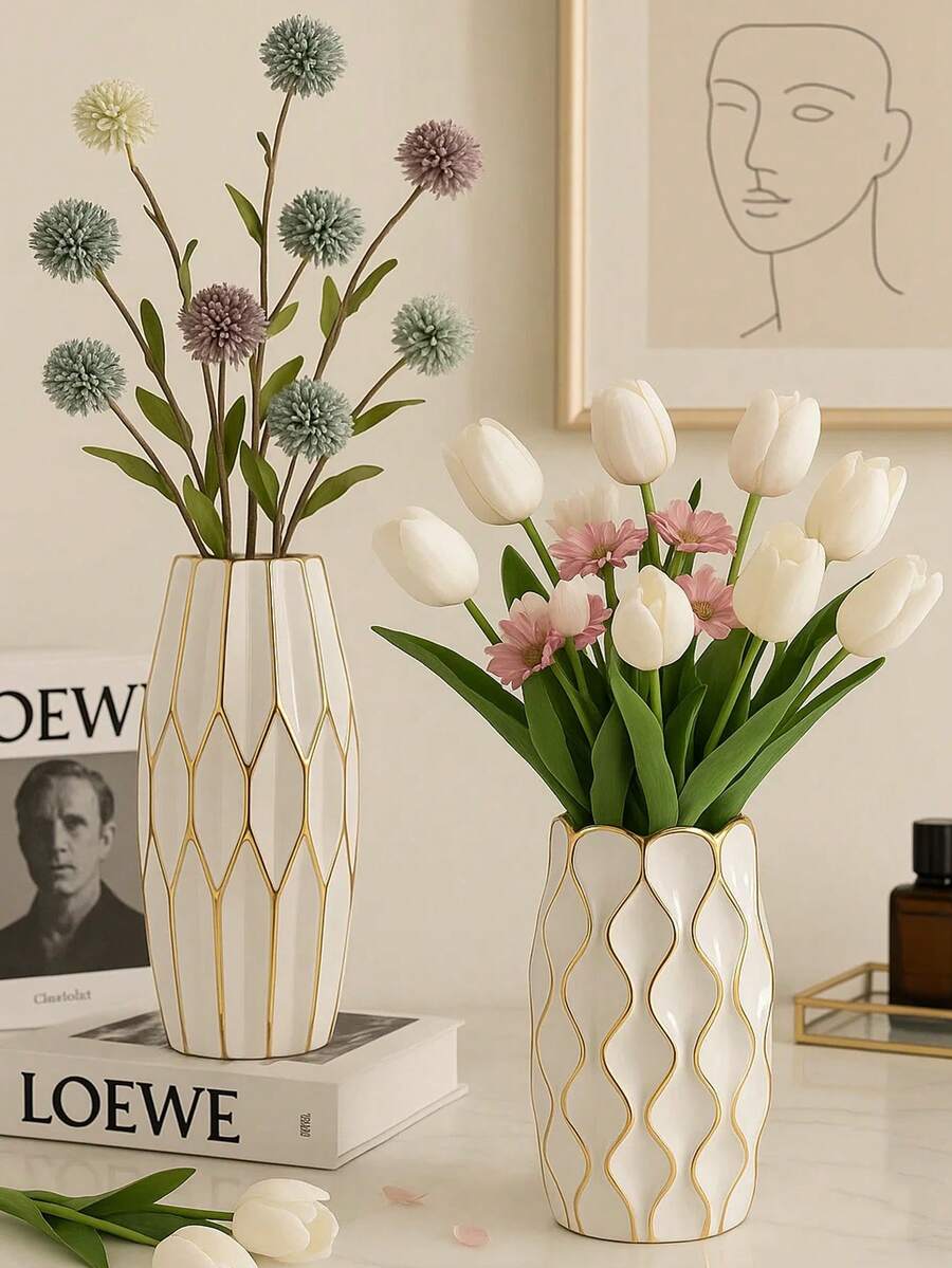 Jarrón ondulado chapado en oro moderno - Decoración elegante para espacios femeninos, crea una esquina estética y cómoda en el hogar - Múltiples estilos - Ver 1