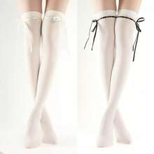 Lace-Up Bowknot JK Over--Knee Lace Socks, Summer Desire Style Thigh-High Socks, Spliced White Stockings Women, Versatile And Slimming - 白色白色絲帶 - 查看 4