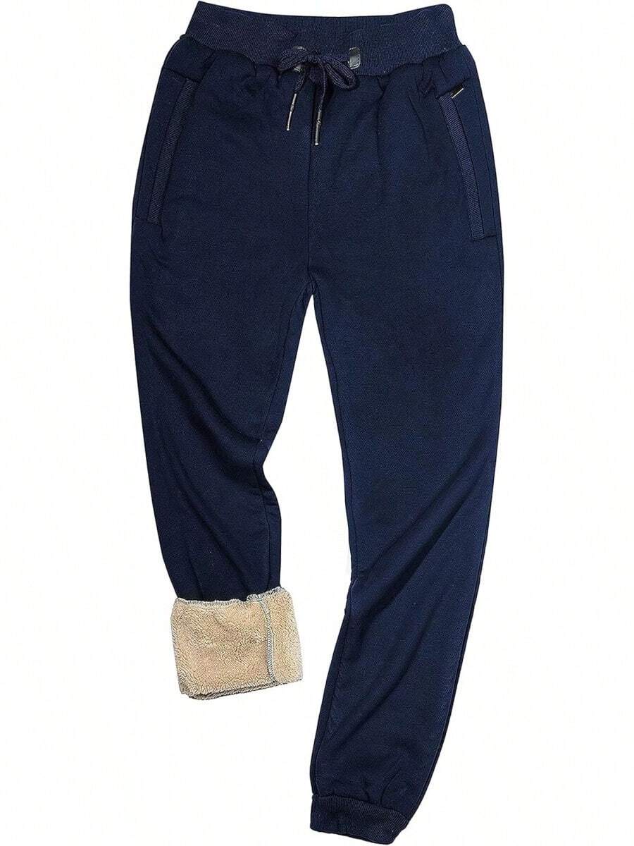 Men's Warm Sherpa Lined Fleece Sweatpants For Active Jogging - Style1 Navy-ribbed Cuff - View 1