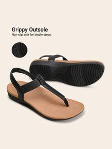 Women's Arch Support T-Strap Sandals Comfortable Orthotic Flat Sandals Thong Sandals For Casual Summer Walking - 黑色 - 查看 11