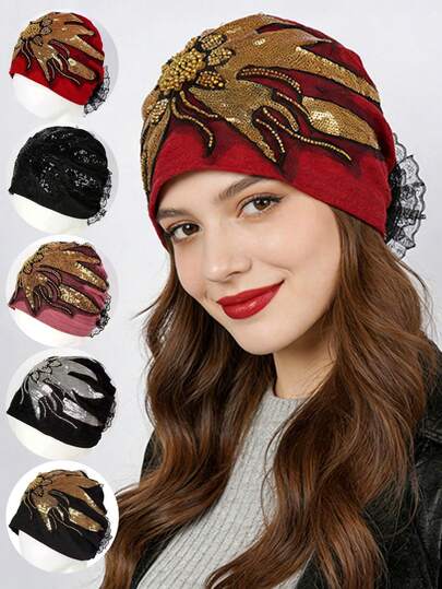 1pc Women's Elegant Fashion Mesh Sunflower Sequin Beaded Patchwork Decorative Headscarf, Versatile Breathable Sun Protection Headwrap For Outdoor, Party, Shopping