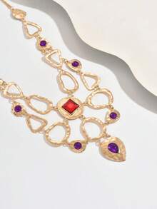 1 Stück übertriebene Farbblock geometrische Edelstein-Halskette, metallische asymmetrische Choker-Halskette, hochwertiges Abendkleid-Accessoire - Goldgelb + mehrfarbig - Übersicht 3