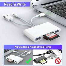 Tangle-Free 5-In-1 Storage Card Reader With USB A And Charging Port, 1pc 5-In-1 Storage Card Reader With USB A And Charging Port, Compatible With IPhone 17 Pro Max/17 Pro/17/Air/16/15/14/13/12/11/XS/XR/8/7/6, Android, PC, Tablets, Cameras, Hard Drives, Flash Drives Lightning + USB A + USB-C To SD Card Reader Easter Spring Gift - White - View 5
