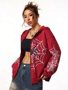 2026 Y2K Spider Web Print Unisex Zip Up Hoodie | Oversized Loose Fit For Men & Women, All Seasons - 紅色 - 查看 3