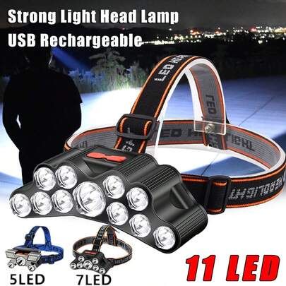 5/7/11 LED Rechargeable Headlamp Flashlight - Super Bright, Portable, Waterproof, Adjustable Beam Angle, Suitable For Camping, Fishing, Running, Travel And Outdoor Activities - USB Powered, Long Battery Life