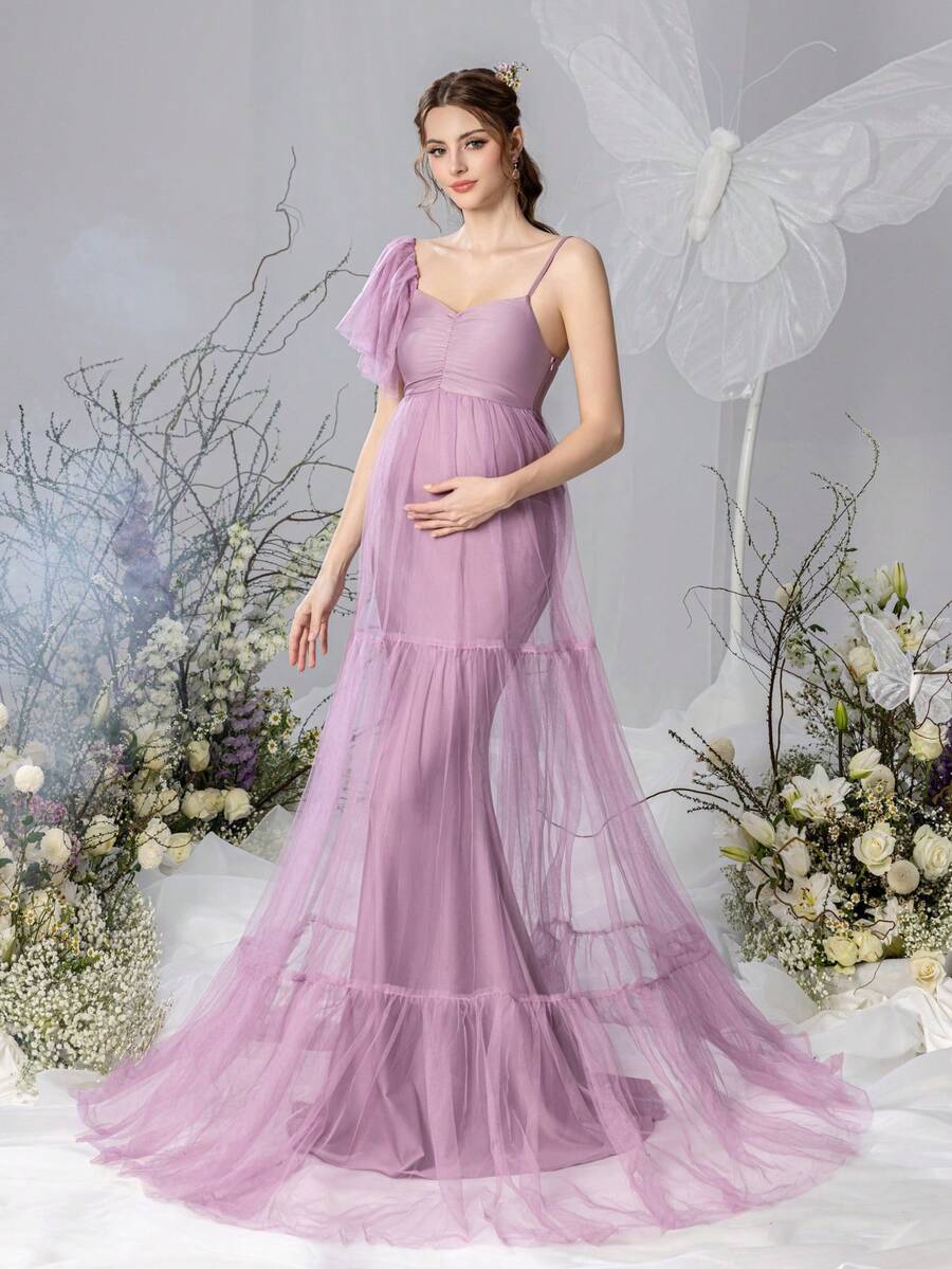 Faeriesty 優雅孕婦心形領洋裝 - 多層網紗裙，適合孕婦攝影、浪漫拍照與家庭聚會