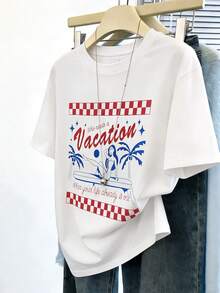 Top de verano MOOSGOP - Estilo bohemio de playa y vacaciones / Casual / Versátil / Cómodo / Ropa de estar en casa - Estampado en inglés de árbol de coco y tabla de surf / Diseño de marca de agua - Camiseta de manga corta, cuello redondo y hombros caídos de corte holgado - Ropa de playa para mujer Blanco - Blanco - Ver 6