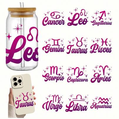 4pcs/Set UV DTF Stickers For 16oz, Zodiac Pattern Design UV DTF Transfer Stickers, For 16oz Libbey Glass Can Wrap, Water Bottle, Cup (Only UV Wraps, 16oz Unsold)