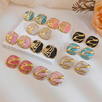 Fresh Versatile Stainless Steel Stud Earrings For Wonmen Oil-Drop Colored New Design With Bezel Setting Geometric Pattern Enamel Earring Daily Jewelry