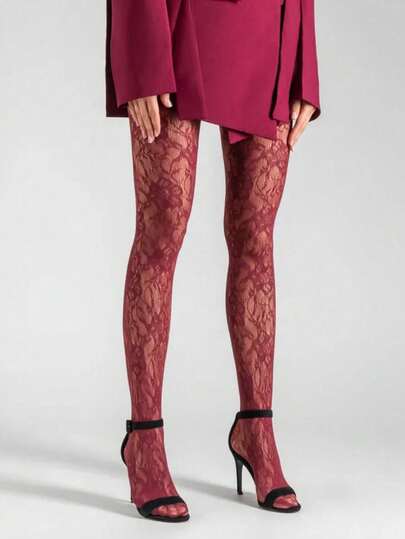 Plus-Size High-Elastic Sunflower Jacquard Fishnet Leggings, Women's Fashionable And Sexy Burgundy Pantyhose With A Retro Gothic Style, Perfect For Halloween.