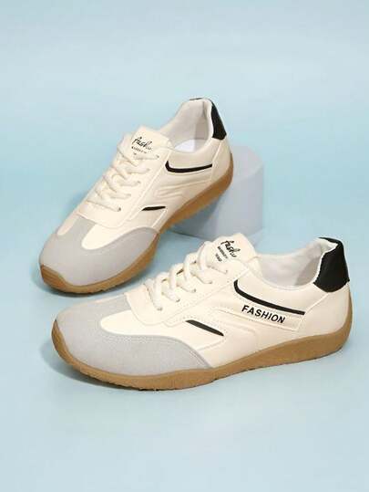 2026 Spring/Autumn New Vintage German-Style Shoes For Women, Beige & Black Color-Block Casual Sneakers, Soft Sole Lightweight Comfortable Versatile Commuting & Student Sports Shoes, Slip-Resistant Gump Shoes