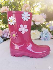 Girls' High-Top Rain Boots, Waterproof, Floral Print, Pastel Colors, Non-Slip, Comfortable - 玫紅色 - 查看 2