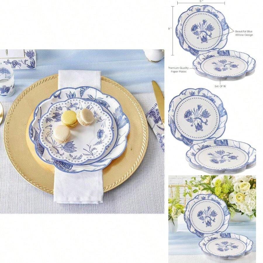 Aspen Blue Willow 9 In. Decorative Premium Paper Plates (350 GSM Weight - Set Of 16) - Perfect For Bridal Showers And Weddings - Trắng & Xanh + 9 inch - Xem 1