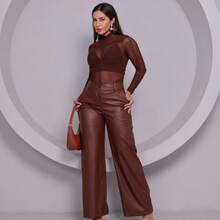 Women's Wide-Leg Pants In Faux Leather With Pockets, High Waist, Elegant And Modern - São João - 鏽棕色 - 查看 1