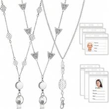 Pcs Badge Lanyard Necklaces Set,3 Pcs Retractable Badge Reel Lanyard Women Stainless Steel Chain With Buckle And 6 Transparent Waterproof ID Holder For Nurse Office Worker, Butterfly, Leaf Shape - 透明 - 查看 1
