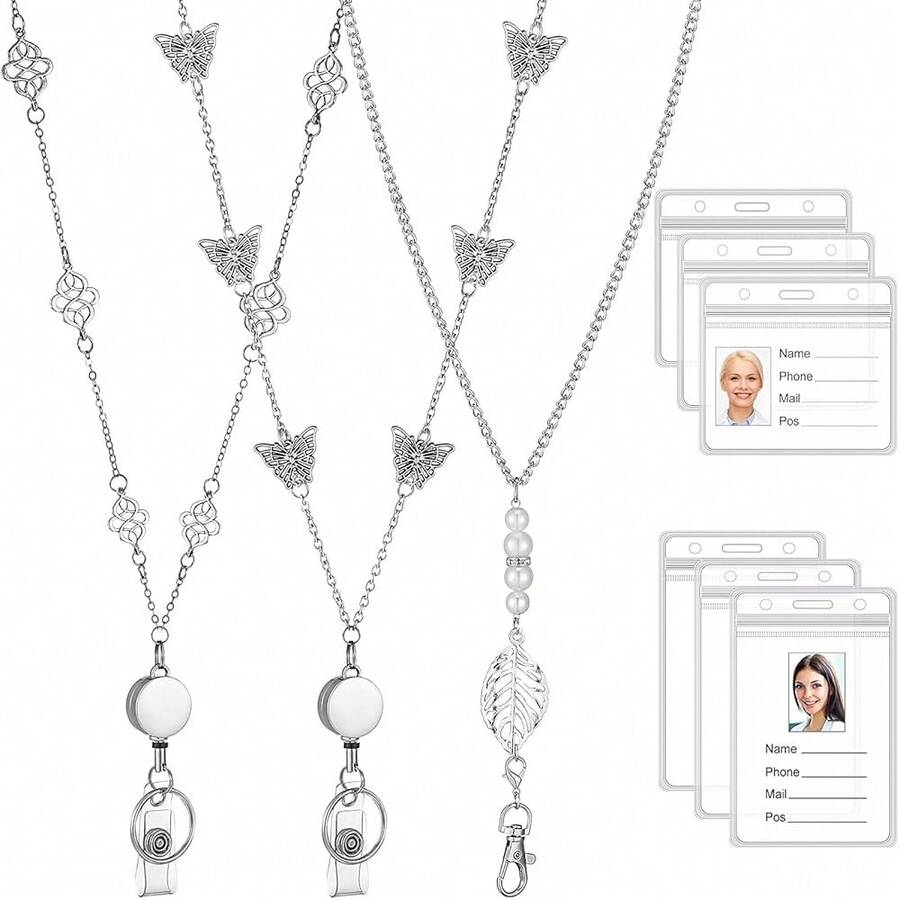 Pcs Badge Lanyard Necklaces Set,3 Pcs Retractable Badge Reel Lanyard Women Stainless Steel Chain With Buckle And 6 Transparent Waterproof ID Holder For Nurse Office Worker, Butterfly, Leaf Shape - 透明 - 查看 1