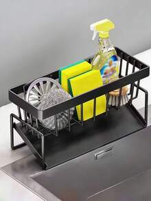 Multi-Functional Carbon Steel Kitchen Storage Rack, Kitchen Sink Faucet Sponge Drain Basket, Kitchen Shelf Sink Rags Draining Rack Detergent Steel Wire Ball Storage Rack, No Installation, Can Store Cleaning Tools, Kitchen Accessories - Multicolor. - View 15