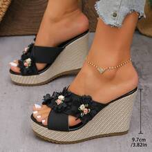Fashionable Floral Wedge Platform Sandals, Summer Goddess Style Floral Waterproof High Heel Slip-On Slippers - Black - View 2