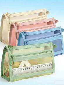 1个新款网状双层铅笔盒，高品质简约大容量帆布铅笔袋，耐用易清洁化妆品收纳袋，适合返校、学生礼物、家庭和生日礼物 - 多色 - 查看 2