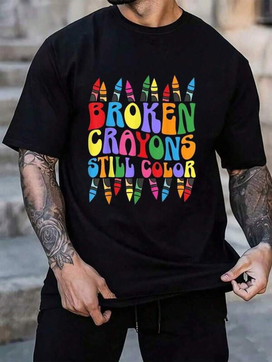 Camiseta de apoyo para la concienciación sobre la salud mental "75% Broken Crayons Still Color" para hombre y mujer, color negro, cuello redondo, manga corta, corte clásico, ideal para vacaciones. Tallas de verano para hombre: S-3XL. - Negro - Ver 1