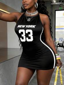 Women's Y2K Baddie 33 Print Black Sleeveless Vest Dress, Fashionable Sexy Backless Halter Neck Dress, Sporty Street Style, Suitable For Summer Vacation, Outings, Dates And Parties - Multicolor - View 5