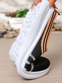 New Striped Knit Mule Shoes For Women, Lightweight Breathable Slip-On Loafers, Soft Sole Casual Backless Shoes - Black - View 6