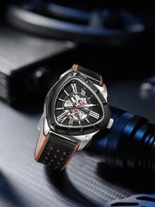 LONGLUX 1pc Men's Automatic Mechanical Watch, Black & Silver Contrast, Triangular Hollow Double-Layer Leather Strap, Personalized Wristwatch For Daily Wear - Multicolor - View 4