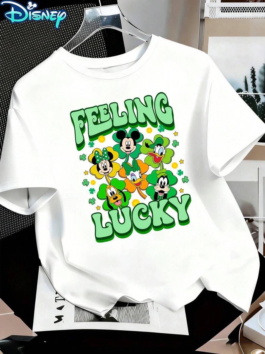 Disney Women's Mickey & Friends "Feeling Lucky" St. Patrick's Day Clover Flower Cartoon Pattern Short-Sleeved T-Shirt - Lucky Clover Theme Round-Neck Top, Soft Cotton Breathable Fabric, Summer Casual Vacation Style, Fun Design, Suitable For St. Patrick's Day Celebrations & Amusement Scene Enthusiasts, Breathable And Comfortable - trắng - Xem 1
