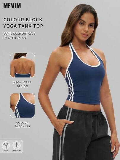 MFVIM Sujetador deportivo de primavera/otoño para mujer con sensación de desnudez, color azul marino, con tirantes, líneas 3D blancas, capas ricas, tela transpirable y amigable con la piel, top deportivo casual cómodo para correr al aire libre, ciclismo, pilates, yoga, entrenamiento en el gimnasio, ropa interior deportiva versátil para mujer