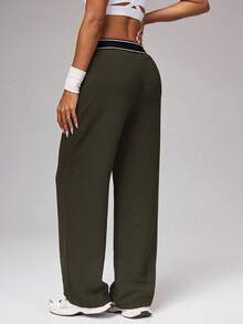 Women's Loose Fit Wide Leg Track Pants, Solid Color High Waist Athletic Pants With Contrast Waistband, Casual Outdoor & Loungewear Bottoms, Minimalist Stylish Activewear For Teens, Juniors & Adults, Ideal For Spring & Summer - 卡其色 - 查看 5