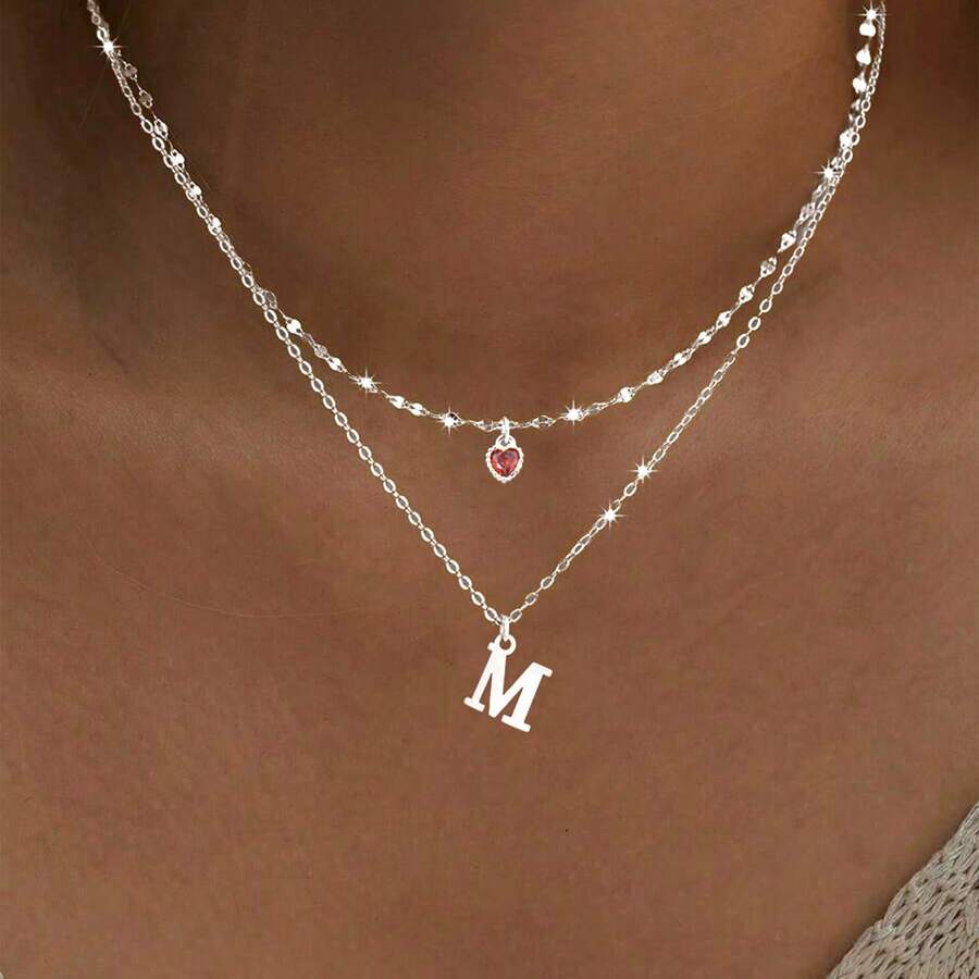 2pcs Set Minimalist Red Heart Crystal Letter Pendant & Silver Stainless Steel Lip Chain Necklace For Women - Silver - View 1