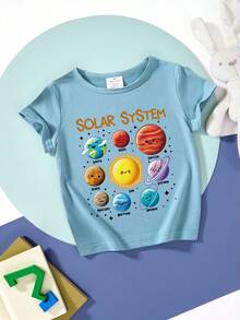 男童太阳系行星图案印花短袖T恤，夏季款 - 霧霾藍 - 查看 4