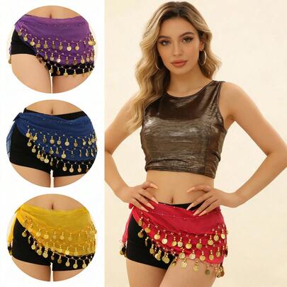 1pc Handmade Multi-Color Portrait Metal Cloth Belly Dance Costume, Sari Style Suitable For Stage Carnival Performance, Suitable For Party, Nightlife, Beach Wear, Bohemian Style, Retro Style, Festival Clothing And Accessories