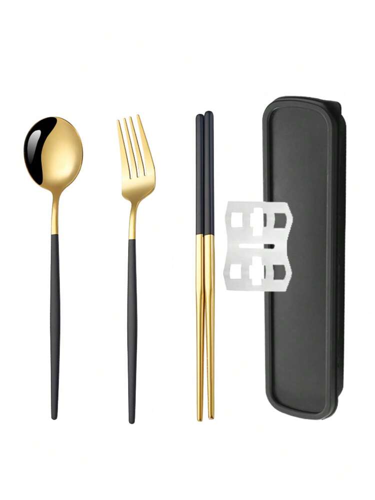 3pcs Portable Stainless Steel Cutlery Set - Fork, Spoon, Chopsticks With Storage Box, Suitable For Outdoor Camping, School, Work - Multicolor - View 9