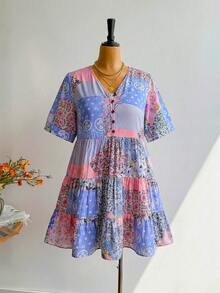 大码女式蓝色碎花V领短袖连衣裙，波西米亚风格，适合复活节海滩、夏威夷音乐节、热带度假等场合，优雅时尚。 - 藍色 - 查看 6