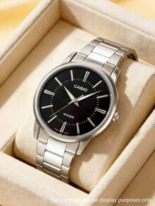 Casio 简约银色金属表带仿石英表，黑色圆形表盘，优雅商务休闲男士腕表，适合办公及日常佩戴 - 黑色 - 查看 1