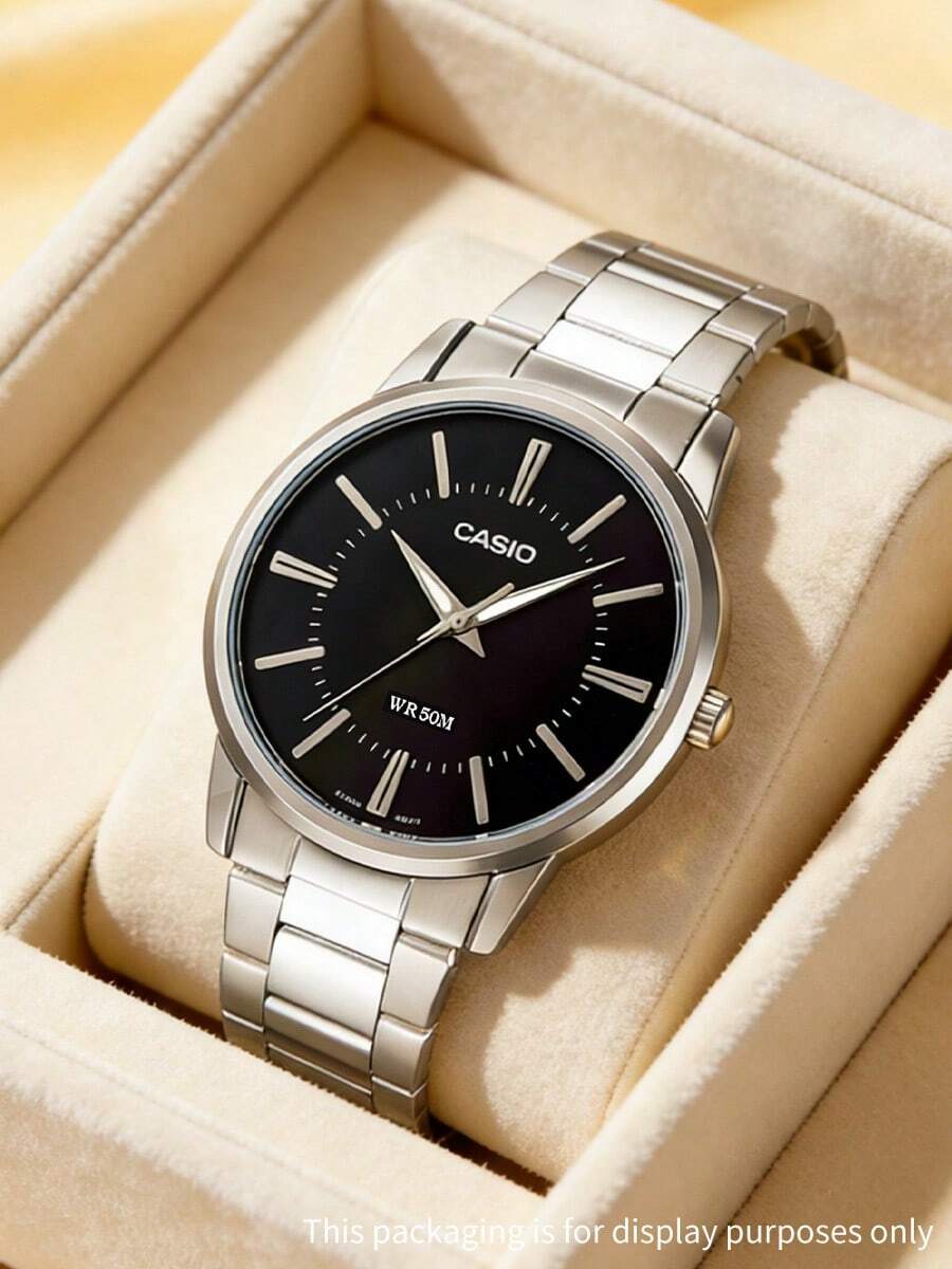 Casio 简约银色金属表带仿石英表，黑色圆形表盘，优雅商务休闲男士腕表，适合办公及日常佩戴 - 黑色 - 查看 1