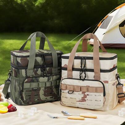 1pc Camouflage Outdoor Double Layer Picnic Bag, Large Capacity Insulated Cooler Bag, Portable Thermal Lunch Bag For Camping, Hiking, Travel, Reusable Food Container Tote