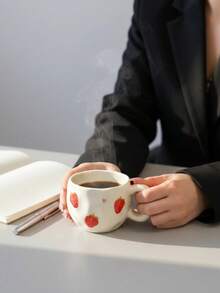 1pc Ins Style Hand-Painted Cherry & Strawberry Ceramic Cup, Asymmetrical Embossed Body, Breakfast Coffee Mug, Girly Desktop Water Cup, Party Afternoon Tea Cup, Red Tea Cup, Large Capacity Water Mug, Coffee Cup - Multicolor - View 8