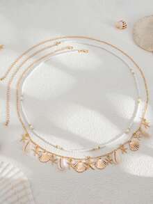 2pcs Bohemian Faux Pearl Pearl, Shell, Starfish Pendant Waist Chain Set, Suitable For Beach, Vacation, Casual Wear - Gold - View 2