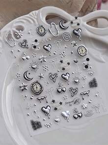 1张朋克风3D立体浮雕美甲贴纸 - 星空与爱心图案，包含星星、月亮、爱心 - 自粘聚氨酯贴纸，适合DIY美甲 - 銀色 - 查看 4