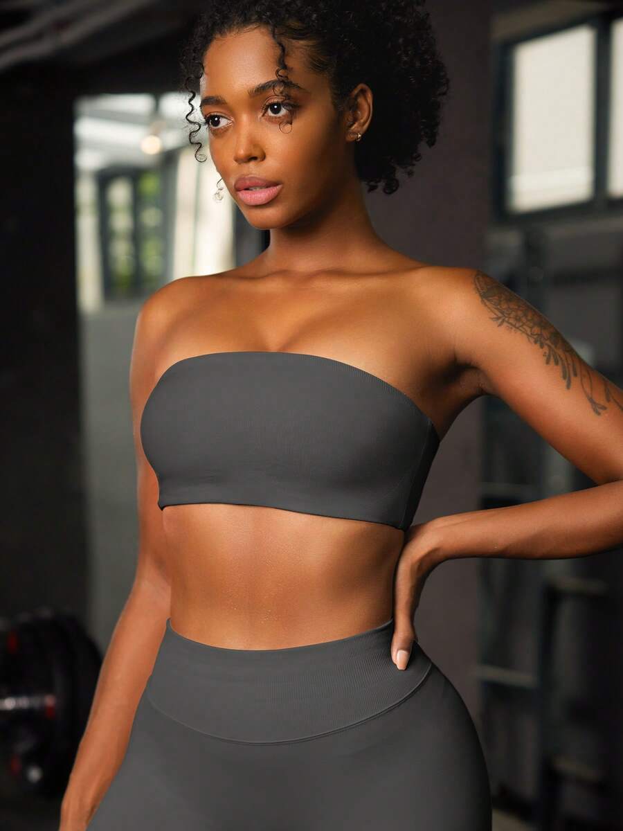 VOYJOY Women Strapless Bandeau Bra Wireless Padded Sports Bra Tube Top Seamless Stretchy Workout Bralette - Cá mập xám - Xem 1