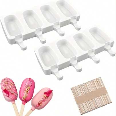 52件/套 小型硅胶冰棒模具 | 4/8孔椭圆形迷你冰棒模具，带冰棒棍，适用于自制蛋糕棒棒糖、冰棒蛋糕、冰淇淋（2个冰淇淋模具+50根冰棒棍）