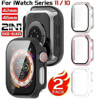 2 Packs Tempered Glass+Cover For Apple Watch 10 11 42mm 46mm Hard PC Bumper Case With Screen Protector For I Watch 11 Smartwatch