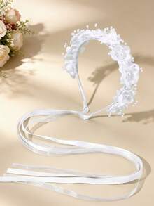 1件蓝色网纱花朵发箍，配人造珍珠流苏，优雅配饰，适用于婚礼、晚宴、派对，适合编发、马尾辫、发髻和其他发型。 - 白色 - 查看 2