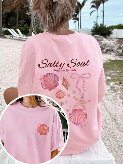 大码女式夏季贝壳印花休闲圆领短袖T恤，度假沙滩装